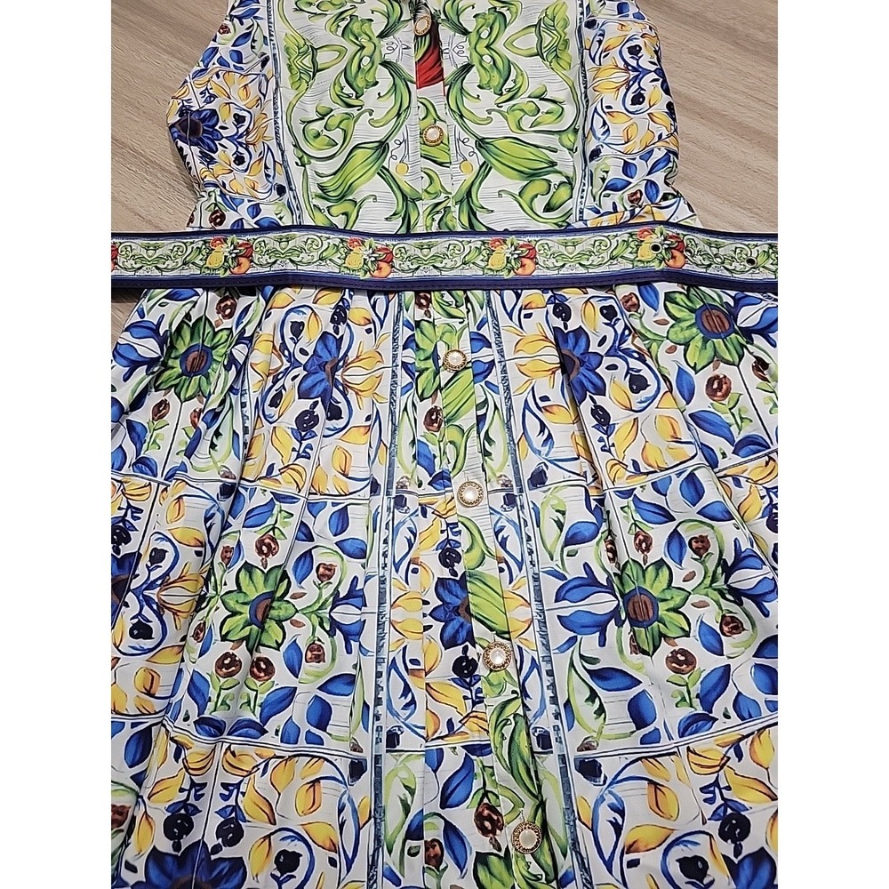 Pink Ripple Womens Blue Yellow Tile Floral Print Belted Sleeveless Midi Dress L - Picture 7 of 9